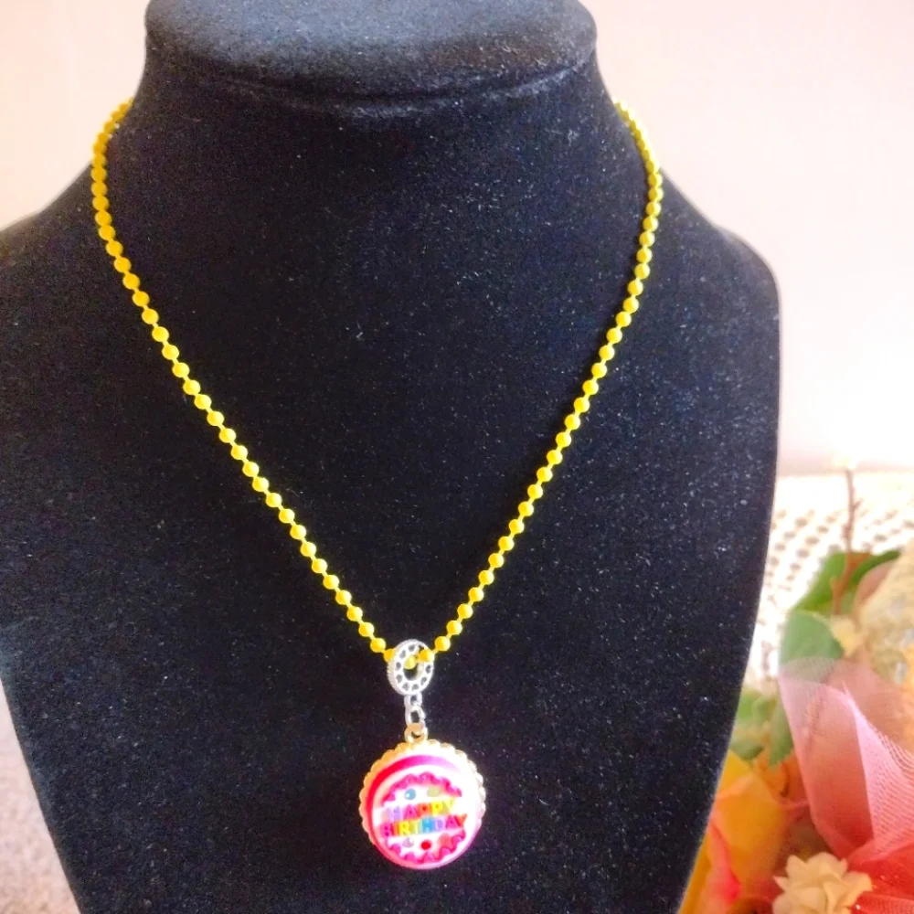 Happy Birthday Cake Pendant Charm on a yellow Ball chain Necklace